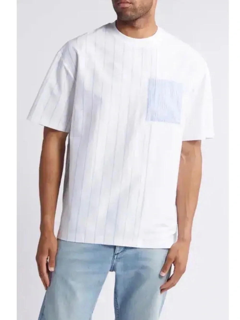 Hugo Boss Cotton Pinstripe Pocket T-Shirt White Blue Mens Large
